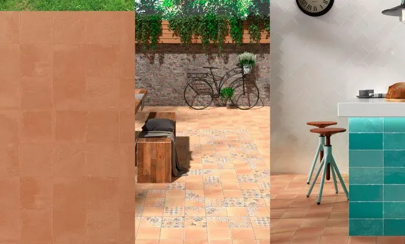 Azulejos de terracota en tres entornos: exterior con césped, patio con bicicleta y cocina con protector contra salpicaduras color verde azulado.