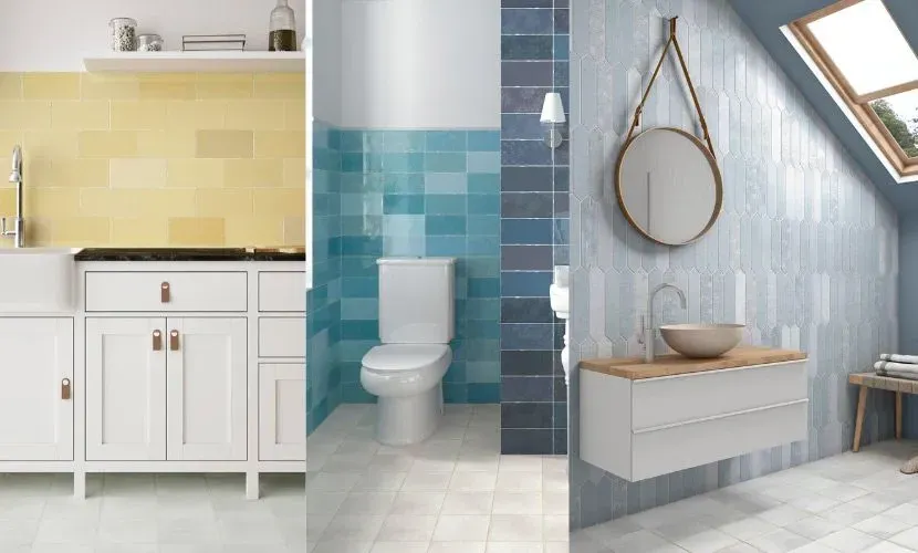 Tres diseños de baño o cocina con azulejos en amarillo, azul y celeste.