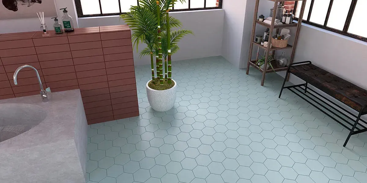 Baño con lavabo, suelo de baldosas, planta, estanterías y banco. Las paredes son blancas y hay ventanas.