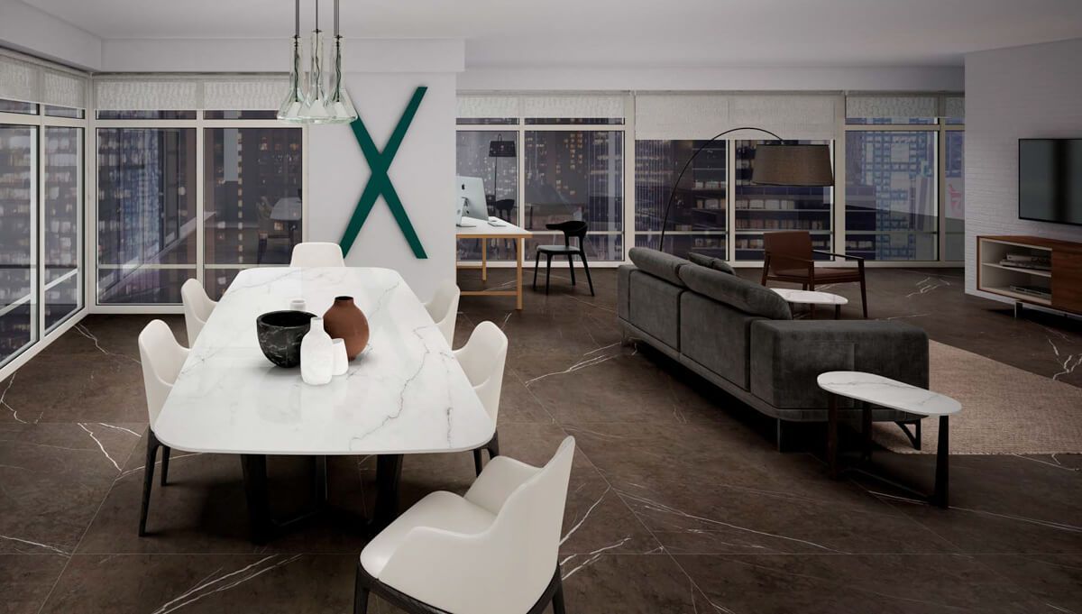 Moderna sala de estar con comedor, sofá y vista a la ciudad a través de grandes ventanales.