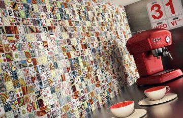 Máquina de café expreso roja con tazas, una pared de azulejos de colores y un calendario.