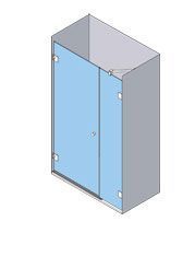 Vista isométrica de una cabina de ducha con puerta corrediza de vidrio e interior azul.