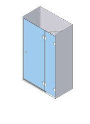 Vista isométrica de una cabina de ducha con dos puertas de vidrio y marco gris.