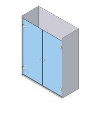 Un armario gris claro con dos puertas de cristal azul.