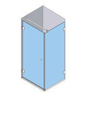Vista isométrica de una cabina de ducha con paneles de vidrio y marco plateado.