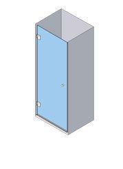 Vista isométrica de una cabina de ducha gris con puerta de vidrio, bisagras y un interior azul.