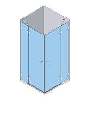 Vista isométrica de una cabina de ducha de vidrio con techo inclinado.