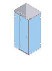 Vista isométrica de una cabina de ducha de vidrio azul con marco plateado.