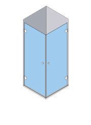 Mampara de ducha esquinera de color azul y cristal con techo gris.