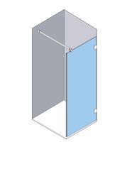 Vista isométrica de una cabina de ducha con puerta de cristal azul. Marco blanco, paredes grises y barra plateada.