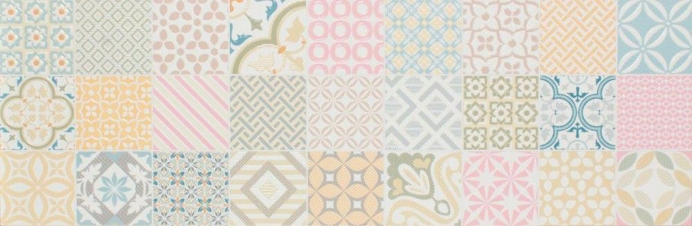 Un collage de azulejos con estampados en tonos pastel.