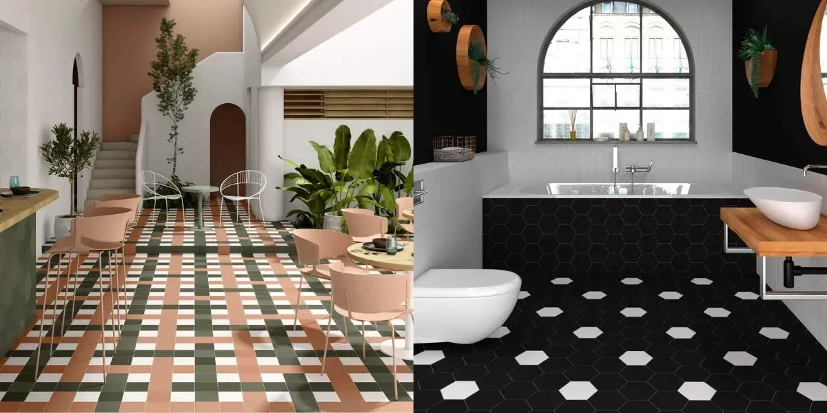 Dos habitaciones. Una con suelo estampado, sillas rosas y plantas. La otra, un baño con azulejos blancos y negros y una ventana arqueada.