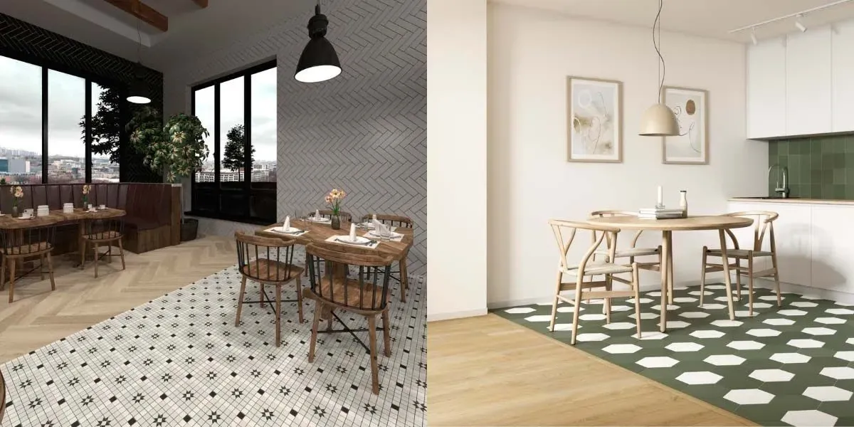 Dos áreas de comedor tipo restaurante con pisos de baldosas estampadas y mesas de madera.