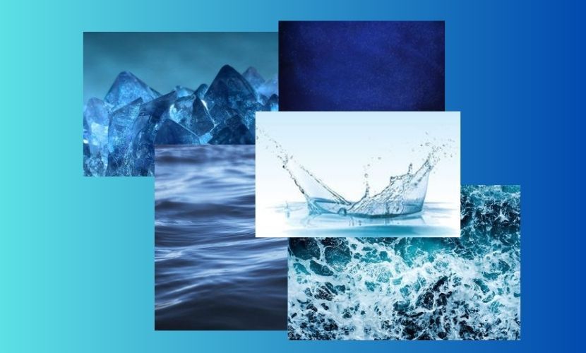Collage de imágenes azules: cristales de hielo, textura azul oscuro, salpicaduras de agua, olas del océano y ondulaciones.