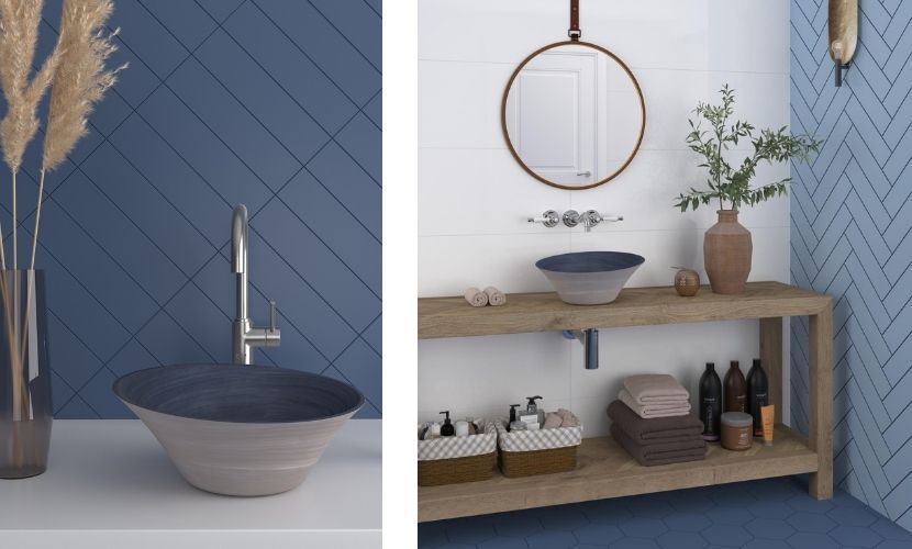 Dos configuraciones de baño con paredes de azulejos en espiga azul, consolas de lavabo de madera y lavabos redondos.