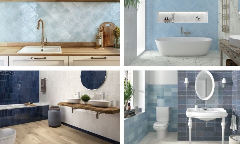 Cuatro interiores de baños con diferentes tonos de azulejos azules, que muestran lavabos, bañeras e inodoros.