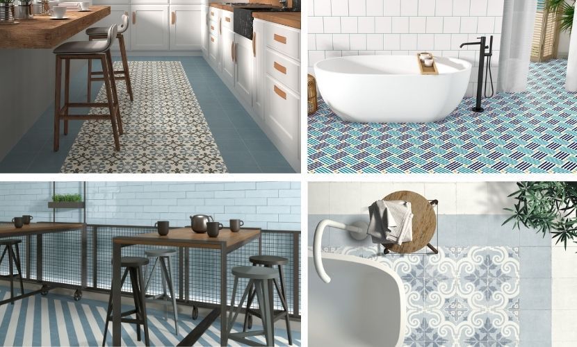 Cuatro habitaciones con suelos de baldosas estampadas: cocina, baño, restaurante y zona de lavabo.