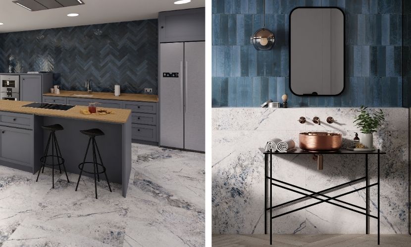 Diseño de cocina y baño: salpicadero de chevron azul, piso de mármol, gabinetes grises, fregadero de cobre.
