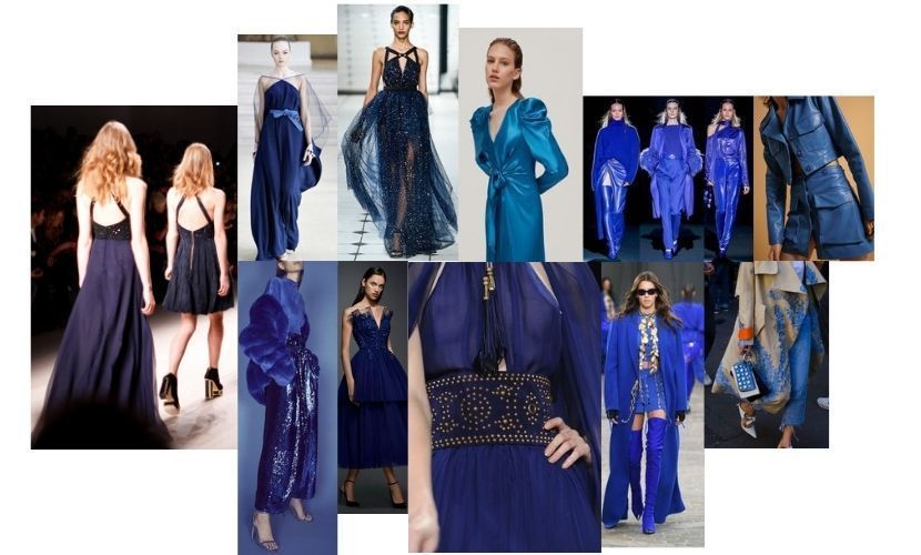 Collage de diseños de moda en color azul marino, incluyendo vestidos, trajes de pantalón y detalles como adornos.
