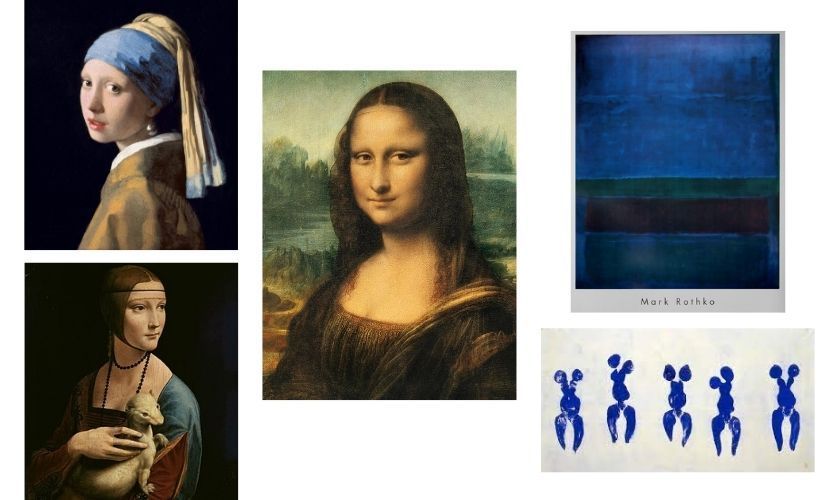 Pinturas: La joven de la perla, Mona Lisa, Bloque de color azul, Mujer con armiño, Figuras azules.