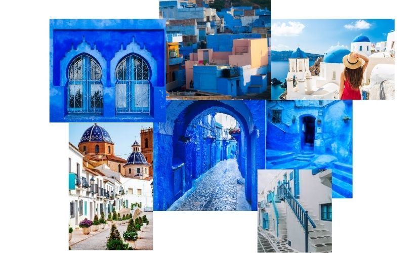 Collage de edificios, en su mayoría azules y blancos, de diversas localidades.