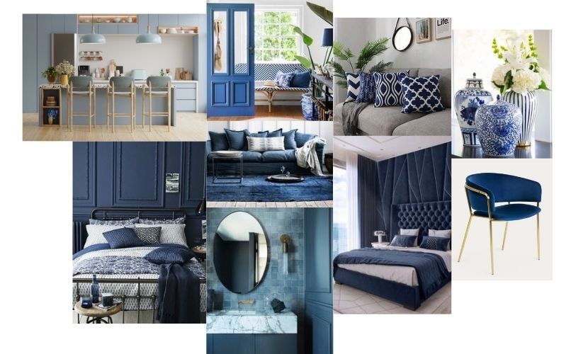 Tablero de estado de ánimo de diseño interior azul que incluye cocinas, salas de estar, dormitorios y detalles decorativos.