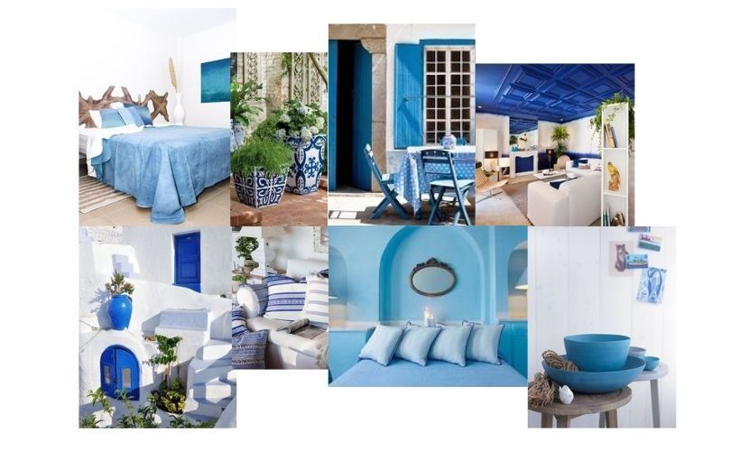 Un collage de imágenes de diseño de interiores con tonos de azul y blanco, que muestran varias habitaciones y decoración.