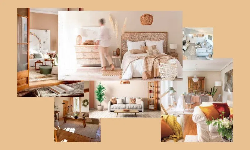 Collage de varias estancias en estilo boho neutro; un dormitorio, una sala de estar y un comedor.