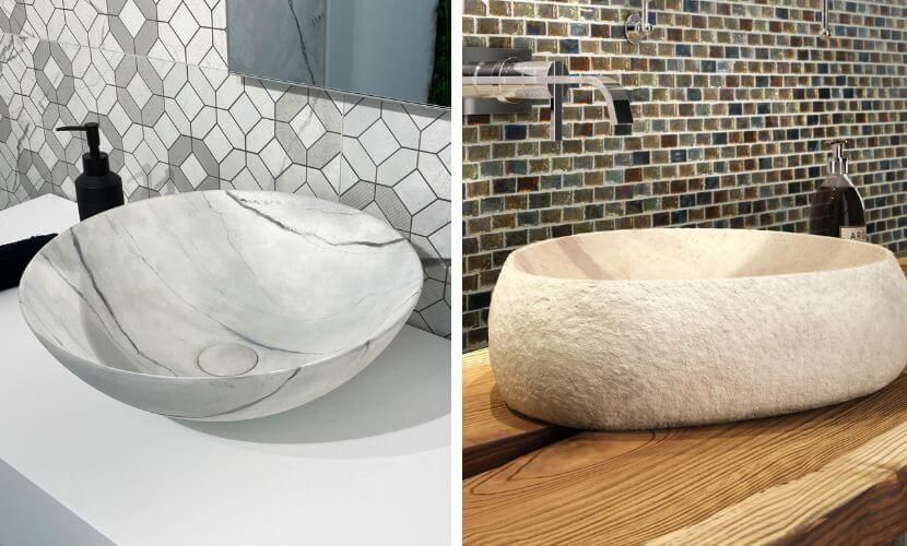 Dos lavabos: uno de imitación mármol blanco, sobre una encimera blanca. El otro, texturizado, sobre una superficie de madera.