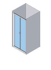 Vista isométrica de una cabina de ducha gris con puertas corredizas de vidrio azul.