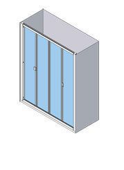 Vista isométrica de una mampara de ducha con puerta corrediza de vidrio, vidrio azul claro, marco plateado, paredes grises.