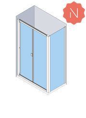 Vista isométrica de una mampara de ducha con dos puertas corredizas de vidrio, marco blanco, fondo azul.