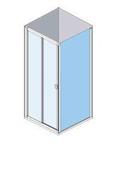Vista isométrica de una cabina de ducha rectangular con puerta corredera y panel lateral de color azul claro.