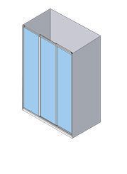 Vista isométrica de un gabinete gris con tres puertas corredizas de vidrio azul.