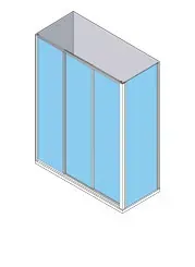 Mampara de ducha corrediza de tres paneles. Cristal azul, marco blanco y cubierta plateada.