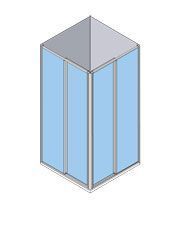 Vista isométrica de una cabina de ducha con marco plateado, paneles de vidrio azul y techo gris.