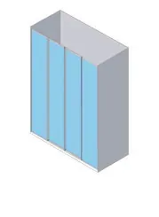 Un armario corredizo de cuatro puertas de color azul claro con marco gris, desde una perspectiva isométrica.