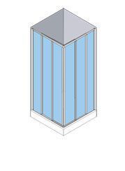 Vista isométrica de un edificio moderno con fachada de vidrio azul claro y techo triangular gris.