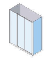 Vista isométrica de un armario corredero de tres puertas, con secciones azules y blancas.