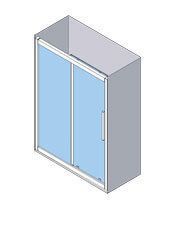 Vista isométrica de una cabina de ducha con dos puertas corredizas de vidrio, interior azul, marco blanco.