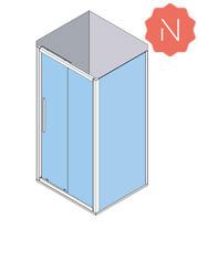 Vista isométrica de una cabina de ducha con puertas corredizas de vidrio; marcada con una insignia 