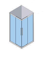 Vista isométrica de una cabina de ducha de esquina con puertas de vidrio y techo gris.