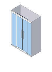 Vista isométrica de una cabina de ducha con dos puertas corredizas de vidrio azul y manijas plateadas.