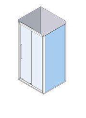 Vista isométrica de una mampara de ducha de cristal con puerta corrediza y panel lateral azul.