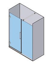 Vista isométrica de una cabina de ducha con dos puertas corredizas de vidrio y paredes grises.