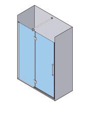 Vista isométrica de una cabina de ducha con dos puertas de vidrio, marco gris e interior azul.