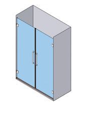 Vista isométrica de una cabina de ducha con dos puertas de vidrio, marco gris y manija plateada.