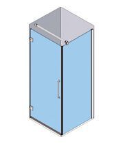 Vista isométrica de una cabina de ducha con interior azul, puerta de vidrio y marco plateado.