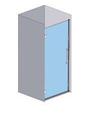 Cabina de ducha gris y azul con puerta de cristal.