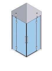 Mampara de ducha de esquina con puertas de cristal, marco plateado, paredes de color azul claro y techo inclinado de color gris.